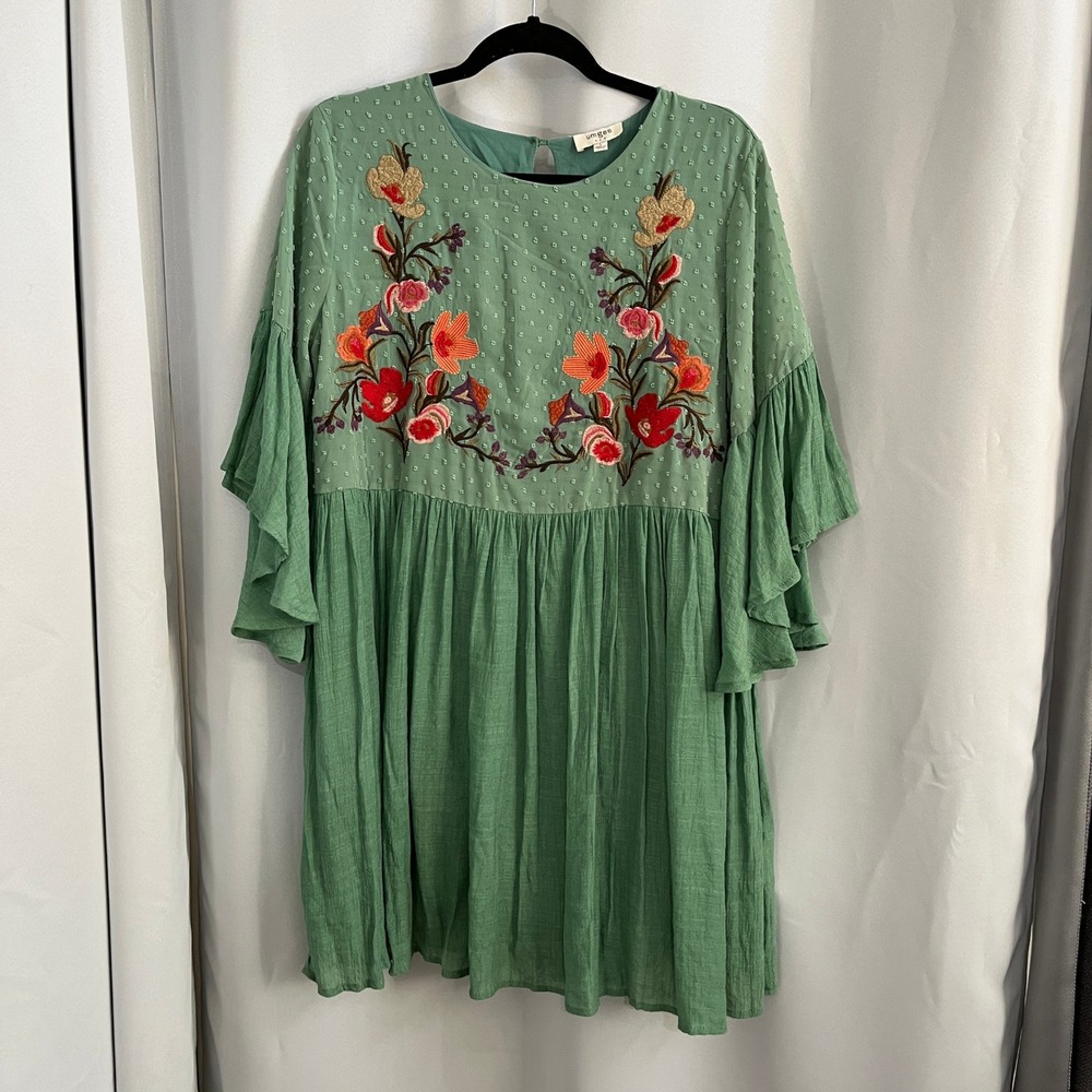 Umgee Floral Embroidered Mini Dress Tunic Womens Sz L Green Boho Garden Wedding